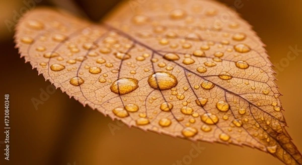 Fototapeta A close-up macro shot of a single, dry, tan leaf covered in numerous small, translucent water droplets. The leaf's veins are clearly visible, creating a textured network across its surface.