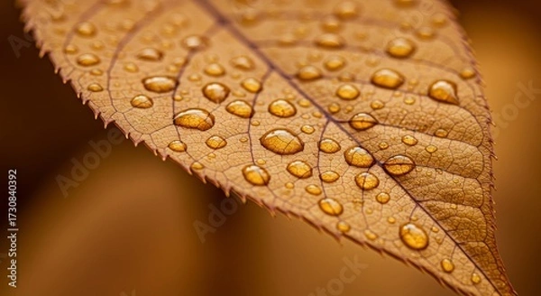 Fototapeta A close-up, macro shot of a textured, golden-brown leaf covered in numerous transparent water droplets, highlighting intricate vein patterns.