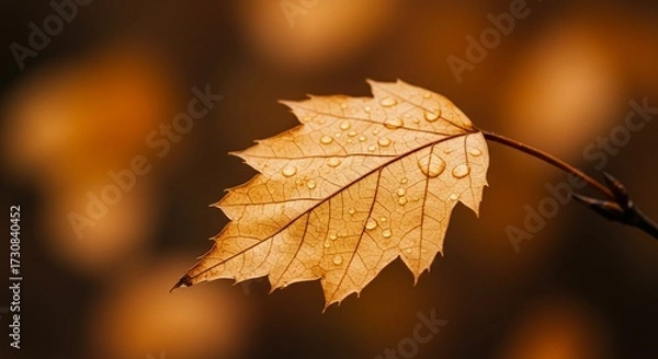 Fototapeta A close-up of a single, golden-brown leaf adorned with numerous water droplets, resting on a dark branch against a blurred amber background.