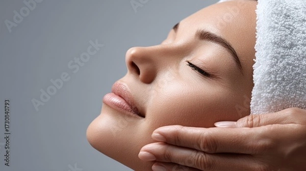 Fototapeta Spa treatment for relaxation with a woman enjoying a facial in a serene environment