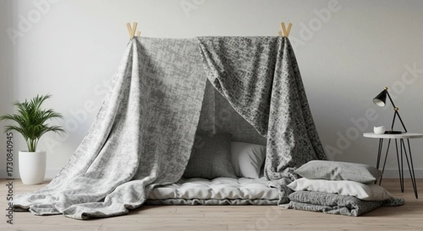 Fototapeta A fabric fort is set up with pillows and blankets on a light wooden floor, next to a potted plant and a small table with a lamp.