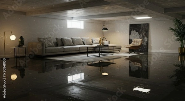 Fototapeta A flooded modern living room with a sectional sofa, coffee table, and armchair, featuring a dark, reflective floor.