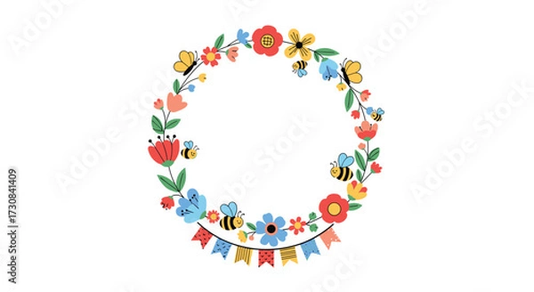 Fototapeta A cheerful circular wreath adorned with vibrant flowers playful insects and a string of colorful bunting flags.