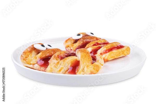 Fototapeta Puffed cakes with raspberry jam in the form of mummy for Halloween holidays on a white isolated background