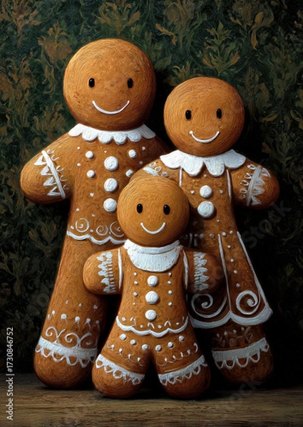 Fototapeta A charming gingerbread family, with a smiling father, mother, and child, dressed in decorative icing details, stands against a dark, patterned backdrop, evoking holiday spirit and joy.