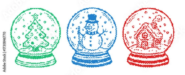 Fototapeta set of three snow globes with Christmas tree, snowman, cozy house in pixel art retro style
