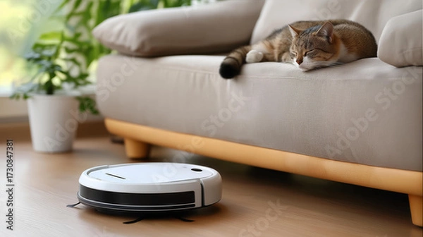 Obraz A robot vacuum gliding past a couch where a cat sleeps, quiet modern comfort, blured background, with copy space.