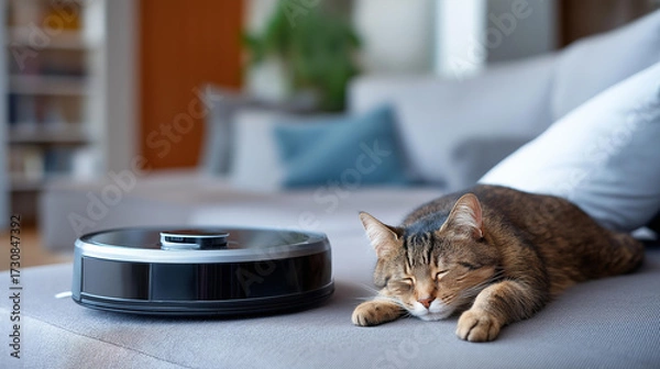 Obraz A robot vacuum gliding past a couch where a cat sleeps, quiet modern comfort, blured background, with copy space.