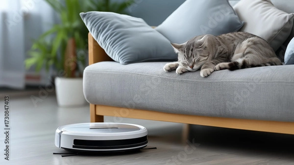 Obraz A robot vacuum gliding past a couch where a cat sleeps, quiet modern comfort, blured background, with copy space.