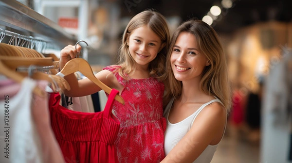 Obraz A mother holding up two dresses for her daughter, both smiling as they make a choice, warm store lighting, blured background, with copy space.