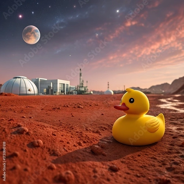 Fototapeta A yellow rubber duck sits on the red surface of Mars. In the background, a futuristic habitat and a large moon are visible in the sky.