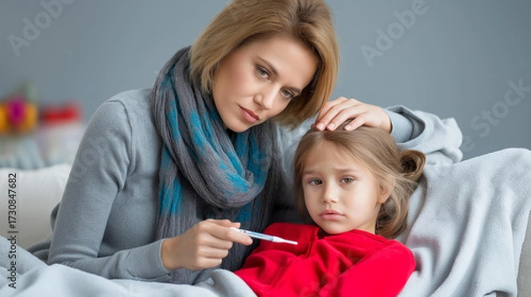 Obraz A woman sitting beside her sick child, checking the thermometer with concern and tenderness, the child resting under a blanket, blured background, with copy space.