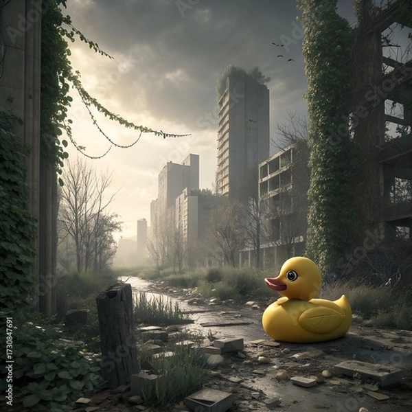 Fototapeta A bright yellow rubber duck sits in a desolate urban landscape. Overgrown vegetation surrounds abandoned buildings under a cloudy sky.