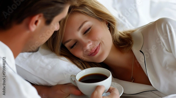 Obraz A husband placing a cup of coffee beside his sleepy wife in bed, gentle morning tenderness, blured background, with copy space.