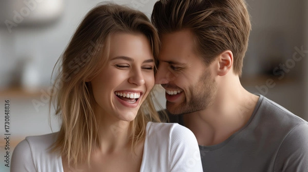 Obraz A married couple laughing while trying to put wallpaper straight, teamwork and affection in every gesture, blured background, with copy space.