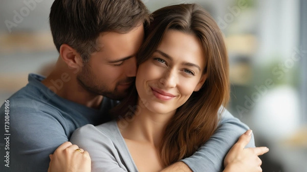 Obraz A husband apologizing with a gentle hug after a disagreement, wife smiling with relief, tender atmosphere, blured background, with copy space.