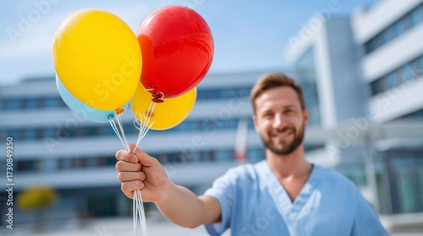 Obraz A man nervously holding flowers and balloons outside the maternity hospital, waiting to meet his newborn and wife, blured background, with copy space.