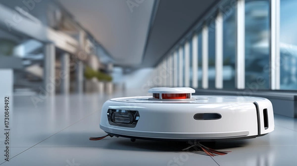 Obraz A sleek robot vacuum moving across a modern apartment floor, quiet efficiency and technology, blured background, with copy space.