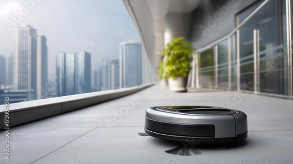Obraz A sleek robot vacuum moving across a modern apartment floor, quiet efficiency and technology, blured background, with copy space.