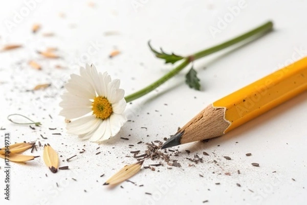 Fototapeta Broken yellow pencil with daisy flower on white background concept of effort