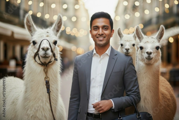 Fototapeta A man standing next to two llamas