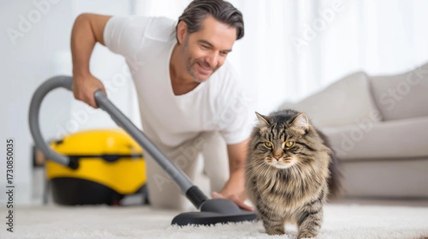 Obraz A man vacuuming around the living room while his cat watches curiously from the sofa, blured background, with copy space.