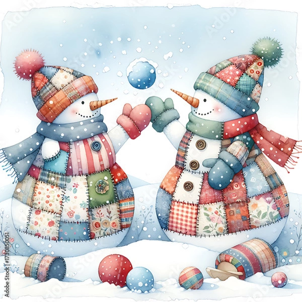 Fototapeta Funny patchwork snowmen play snowballs, cute playful winter watercolor illustration isilated on white