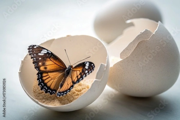 Fototapeta Butterfly resting on cracked eggshell symbolizing transformation and rebirth