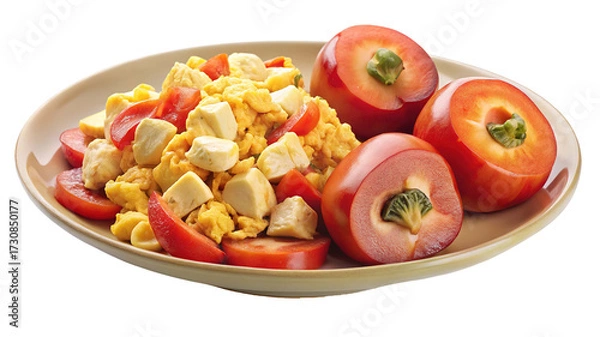 Fototapeta A delicious and healthy scrambled egg dish with fresh tomatoes and sliced peaches isolated on transparent background