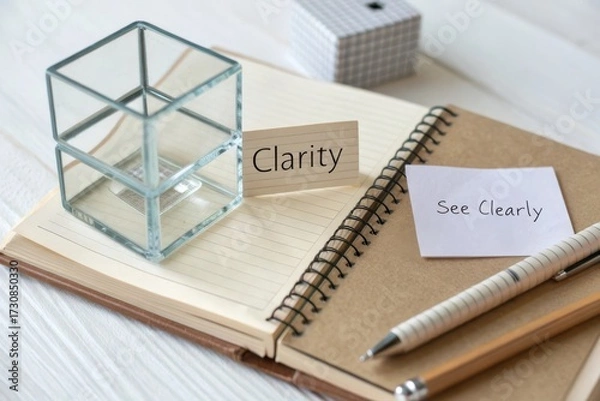 Fototapeta Glass cube and notebook concept symbolizing mental clarity and clear focus