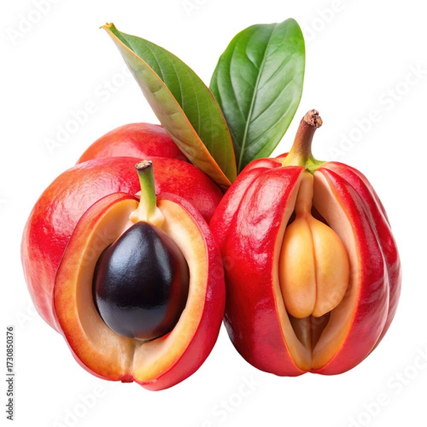 Fototapeta Vibrant red exotic fruit with a dark seed and a light seed isolated on transparent background