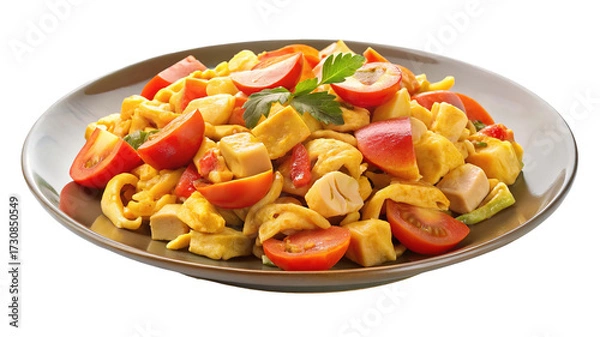 Fototapeta A delicious and colorful plate of chicken and tomato stir fry with fresh herbs isolated on transparent background