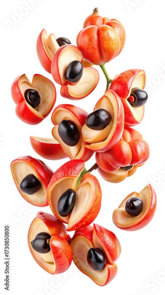Fototapeta A vibrant pile of freshly opened ackee fruits revealing their black seeds isolated on transparent background