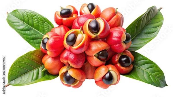 Fototapeta Vibrant cluster of ripe guaran fruits with green leaves isolated on transparent background