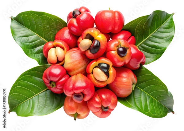 Fototapeta A vibrant cluster of ripe red suriname cherries with green leaves isolated on transparent background