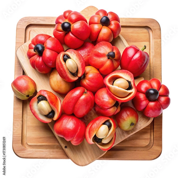 Fototapeta Vibrant red guarana fruits with visible seeds arranged on a wooden board isolated on transparent background