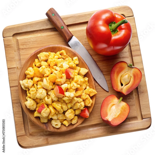 Fototapeta Freshly prepared pasta salad with diced red bell peppers and a knife on a wooden cutting board isolated on transparent background