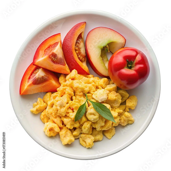 Fototapeta A healthy breakfast plate featuring fluffy scrambled eggs with fresh tomato wedges and apple slices isolated on transparent background