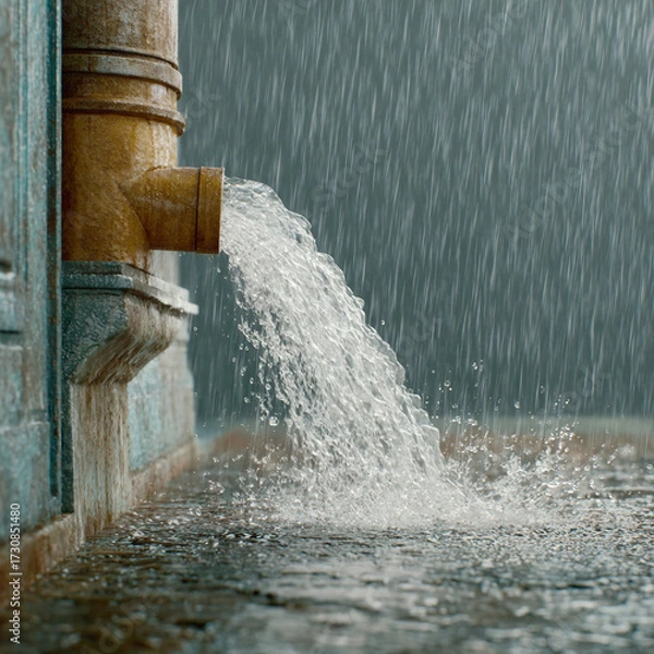 Fototapeta Heavy rain pours down and water flows from a drainage pipe onto a wet pavement in a urban setting
