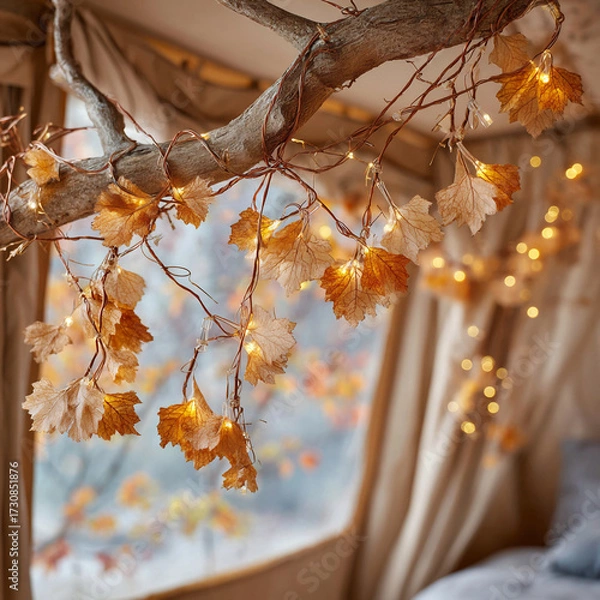 Fototapeta Beautiful autumn leaves with warm lights create a cozy atmosphere in a stylish indoor space