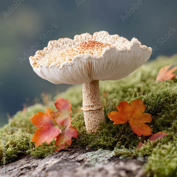Fototapeta Unique mushroom stands tall among autumn leaves on a mossy log in a serene forest setting