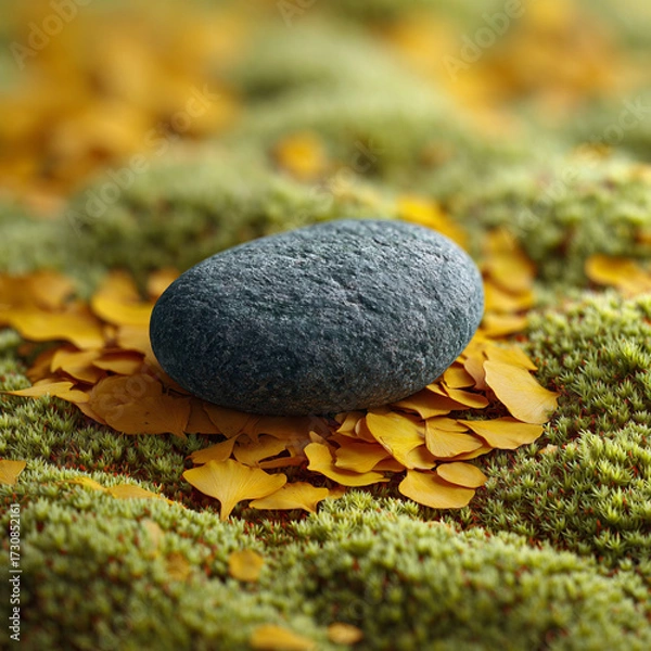Fototapeta Smooth black stone resting on vibrant yellow leaves among green moss in a serene forest setting during autumn
