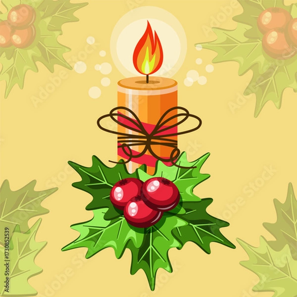 Fototapeta Christmas candle with a branch of red berries. Decorative decoration for the Christmas holiday. Vector image.