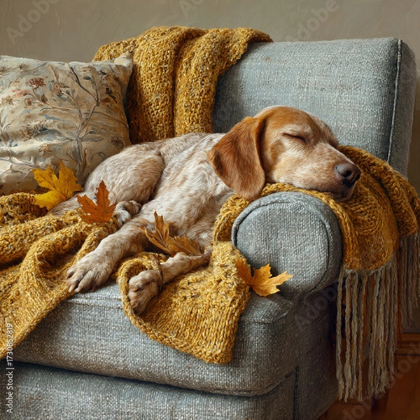 Fototapeta Cozy dog relaxing on a couch surrounded by autumn leaves and a warm blanket in a sunny living room