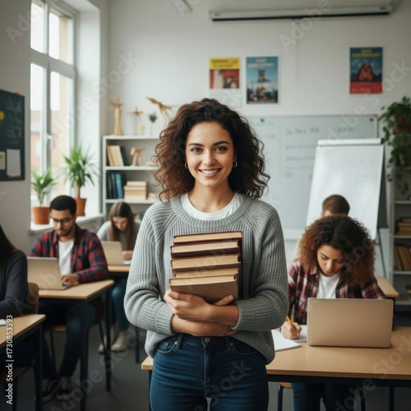 Fototapeta A woman holding a stack of books in a classroom