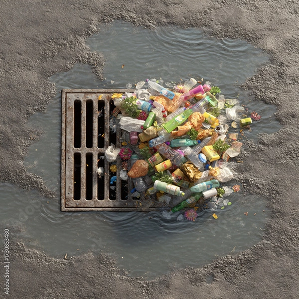 Fototapeta Pile of trash and debris blocking sewer drain on a rainy day in an urban area