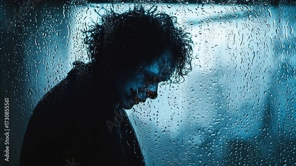 Fototapeta Moody Halloween Portrait of a Sad Clown Behind Rainy Window