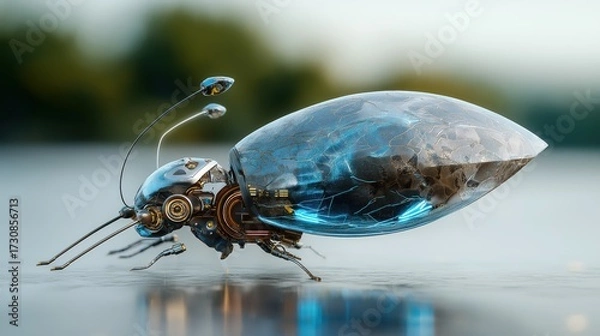 Fototapeta Futuristic symbiotic device with bioluminescent tissue and metallic components hovering above reflective surface.