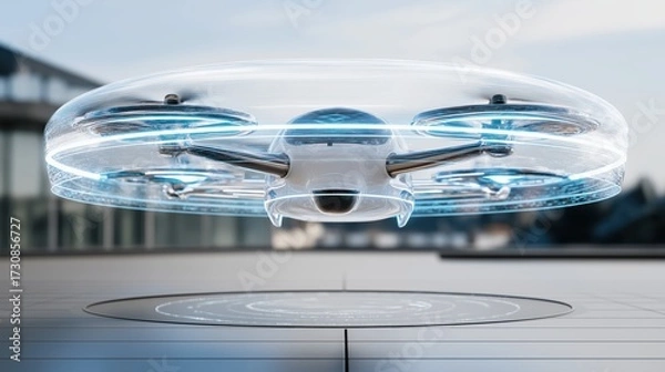 Fototapeta Futuristic hovering drone with glowing engines and holographic interface above metallic platform in sunlight.