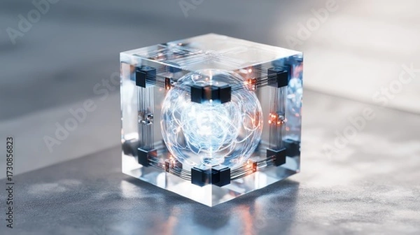 Fototapeta Hovering cubic energy core with transparent surfaces and glowing pulsating energy above reflective platform.